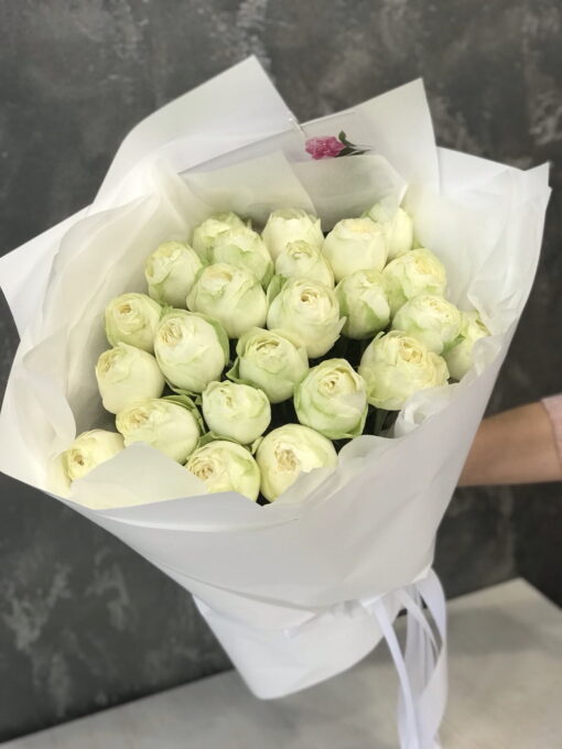 Букет з 15 білих піоновидних троянд "Pure"