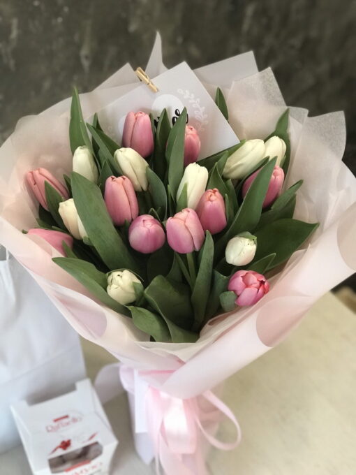 Букет из 19 или 31 бело-розовых тюльпанов
