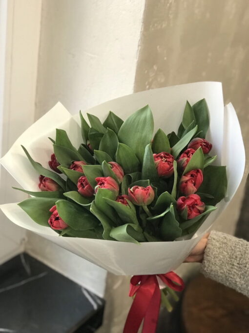 Букет из 19 красных Пионовидных тюльпанов