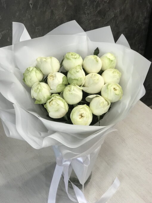 Букет з 15 білих піоновидних троянд "Pure"