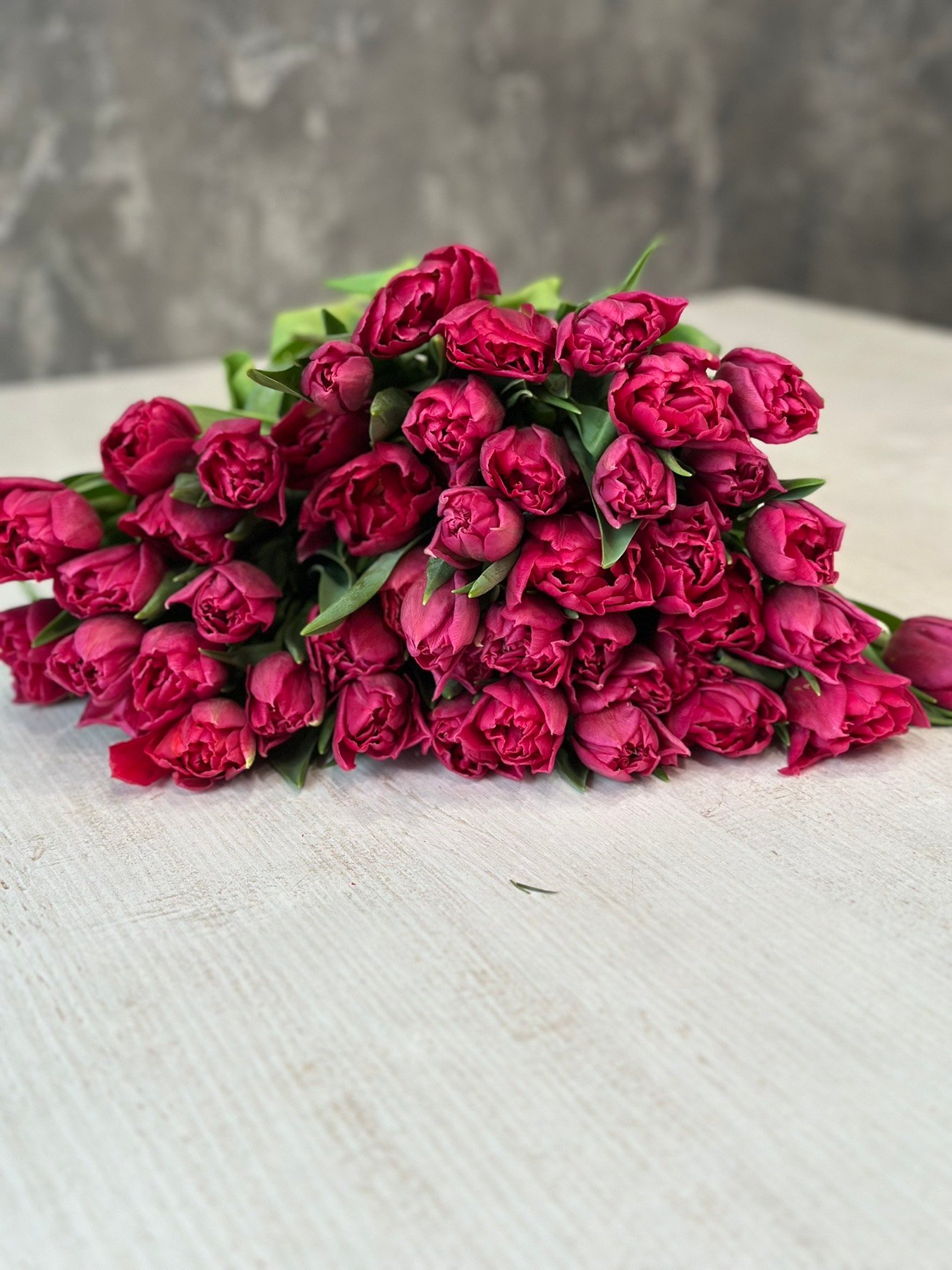 Букет з 45 малинових піоноподібних тюльпанів